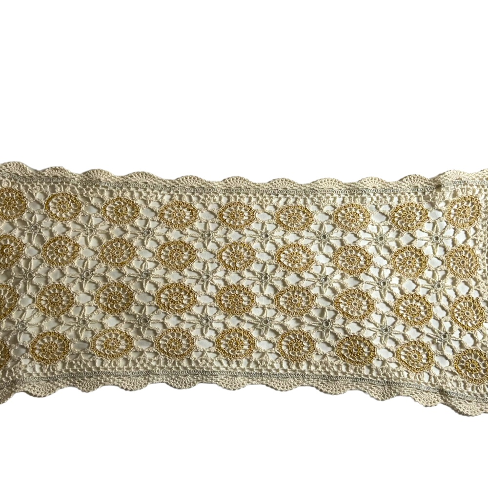 Vintage Handpainted Crocheted Table Runner In Gold & Silver For The Holidays